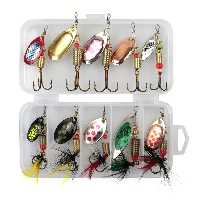 10Pcs Feathered Spinner Lure Kit with Box, High-Pitched Hook Fishing Baits, Lifelike Artificial Lures for Trout, Bass