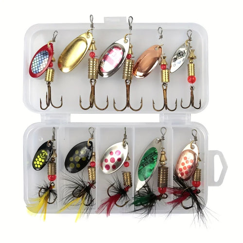 10Pcs Feathered Spinner Lure Kit with Box, High-Pitched Hook Fishing Baits, Lifelike Artificial Lures for Trout, Bass